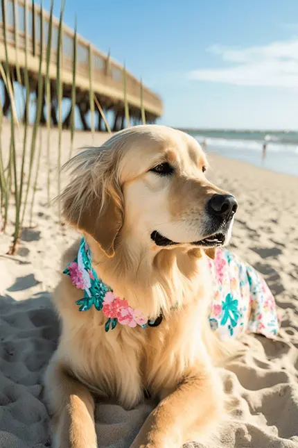 Preppy Fashion Dog Wallpaper of Golden Retriever wearing Lilly Pulitzer style dress on the beach