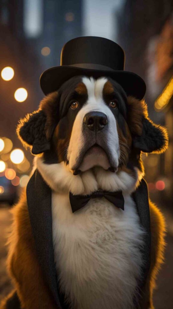 St Bernard dog in new york city wearing a top hat