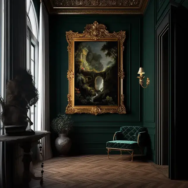 Dark Academia Landscape Wall Art inside a Forest Green Entry Room with Velvet Chair