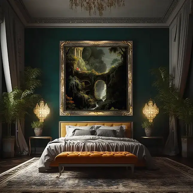 Dark Academia Bedroom Wall Art Painting and Bed