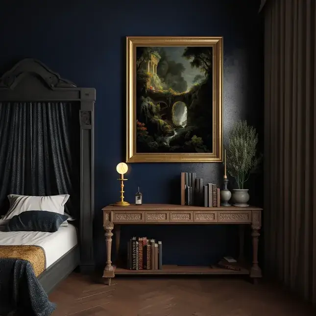 Dark Academia Aesthetic Bedroom Wall Art Featuring a Moody Emerald Green Landscape Oil Painting