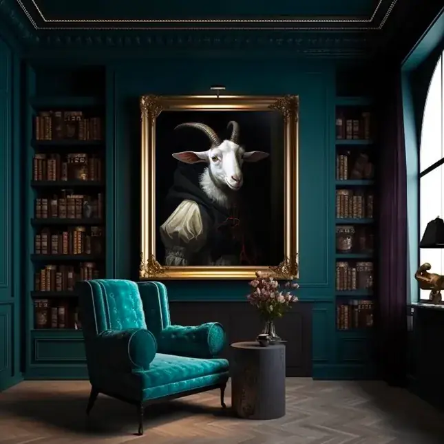 Dark Academia Aesthetic Castle Library Room with Teal Velvet Chair and Large Wall Painting of a Medieval Gothic Goat in the Flemish Style