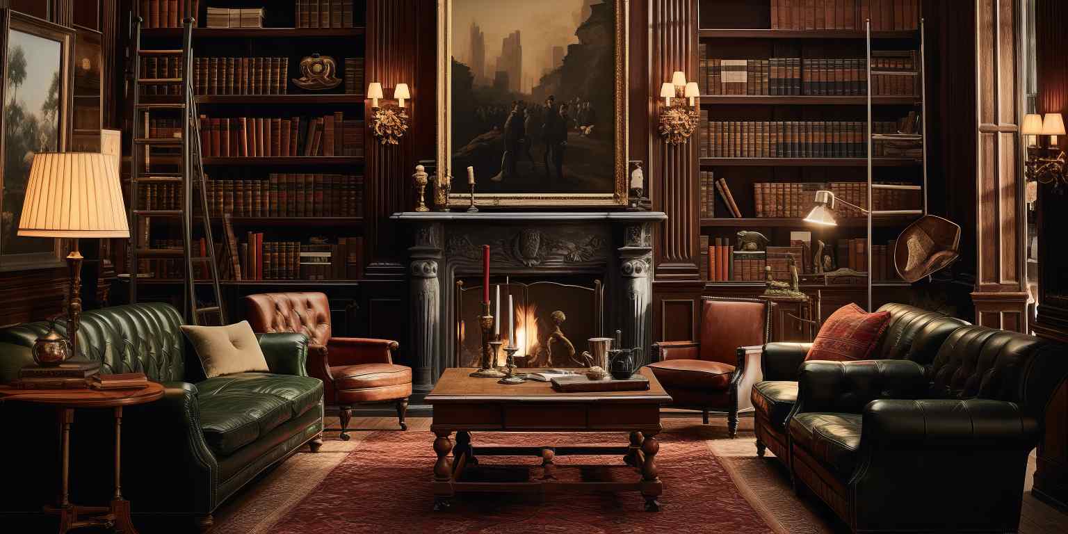 Dark Academia Living Room with Wooden Bookshelves, Dark couches and nature wall art