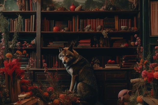 Dark Academia Aesthetics Allegorical Image of a Wolf in a Gothic Library with Red Accents and royalcore darkness aesthetic flowers