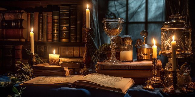 Dark Academia Books on a desk with candles, antique scrolls and vintage decor
