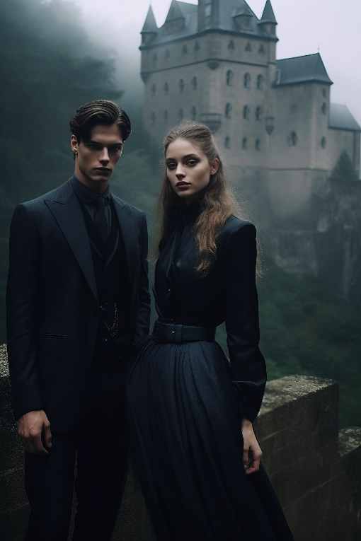 Dark Academia Fashion Aesthetic for Mens and Womens Clothing Photography of Couple Wearing Black with a Gothic Castle Building in Background