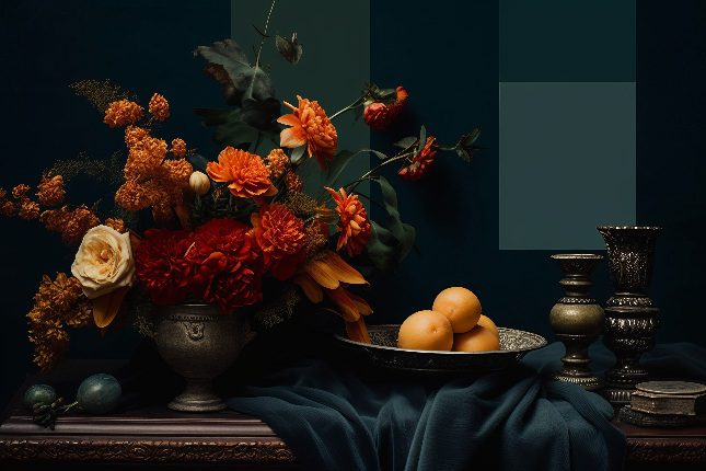 Dark academia color palette with deep blue tones and warm floral arrangement