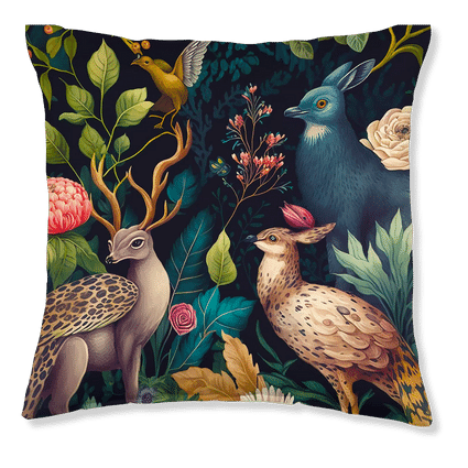 Dark Academia Pillow Preppy Decor with Gothic Animal Fauna Art Pattern that contains Floral Botanicals, Leaves, Birds, and Renaissance style witchy aesthetic animals