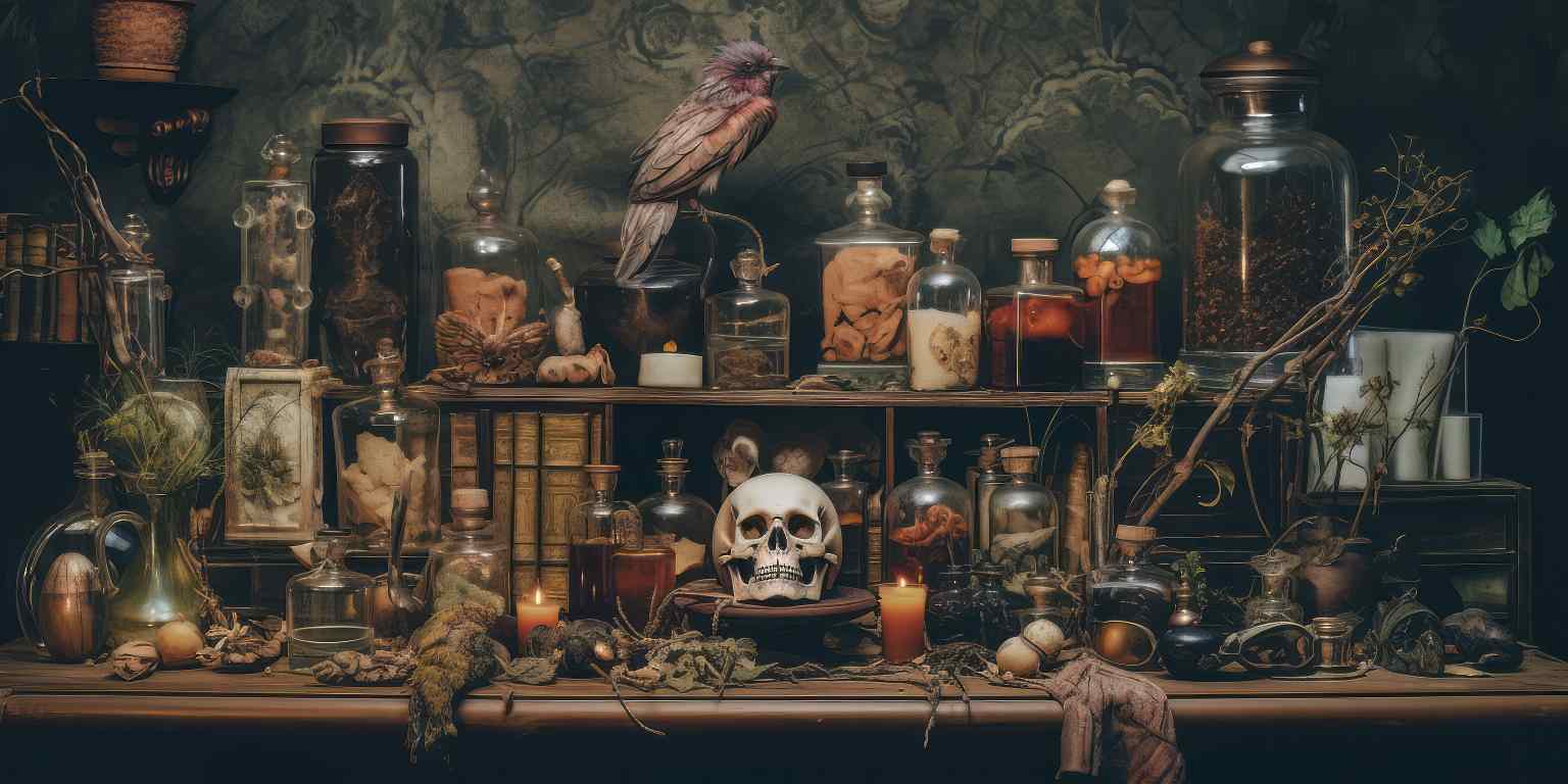 Dark Academia Aesthetic Images, Symbols, and Motifs like a skull, raven, and bottles, as well as items related to Hobbies, studying and crafts