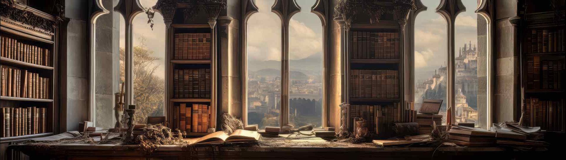 Dark Academia Library Inside Medieval Castle with Gothic Arch Architecture