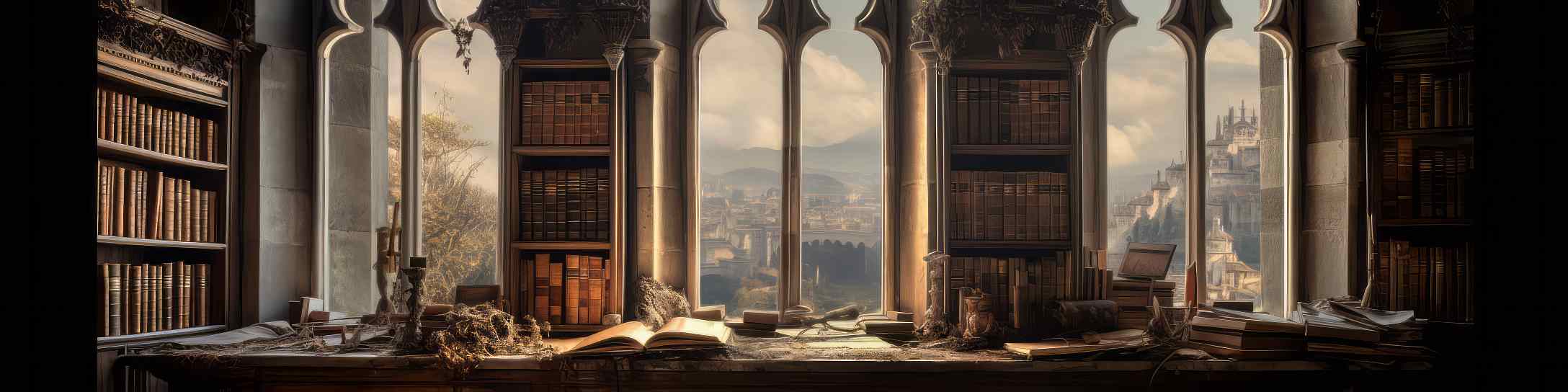 Dark Academia Library Inside Medieval Castle with Gothic Arch Architecture
