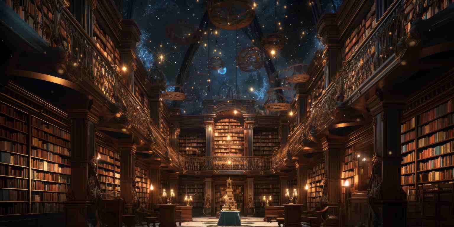 Grand dark academia library with warm lighting and ornate bookshelves