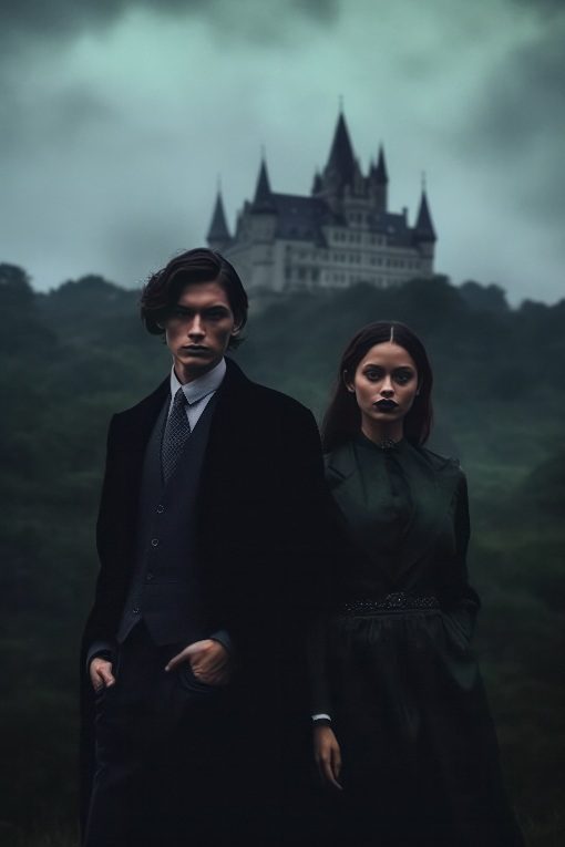 Gothic Academia Aesthetic Lifestyle Photography of Castle Buildings, a Young Man wearing a dark suit, and a young woman wearing a green dress