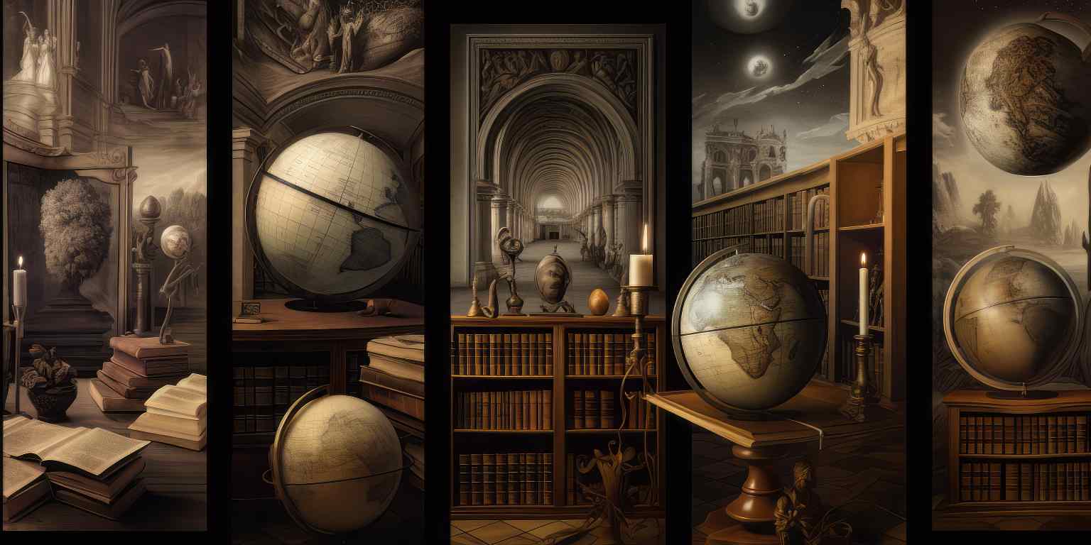 Dark Academia Picture of Academic Symbols, Globes, Library Bookshelves, and Medieval Renaissance Motifs