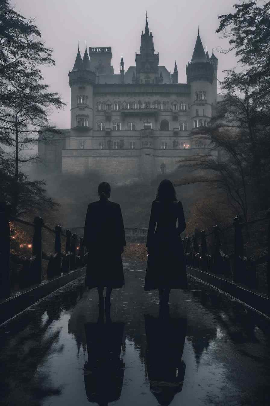 Darkest Academia Gothic Castle Image with Walking Students