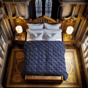Dark Academia Star Bedding Navy Blue Moon and Stars Duvet Cover Cotton Sateen in Castle Bedroom