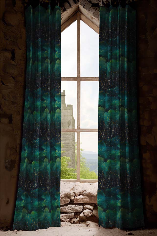 Dark Academia Decorations Featuring Green Galaxy Star Curtains with Swirling Clouds in a Crumbling Medieval European Castle with an Arched Window