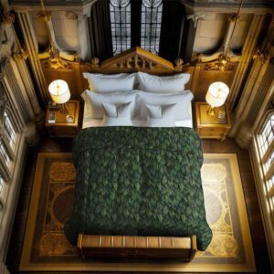Dark Academia Bedding Forest Green Duvet Cover in Cotton Sateen with Feathers Pattern in a Royalcore Old Money Castle Bedroom