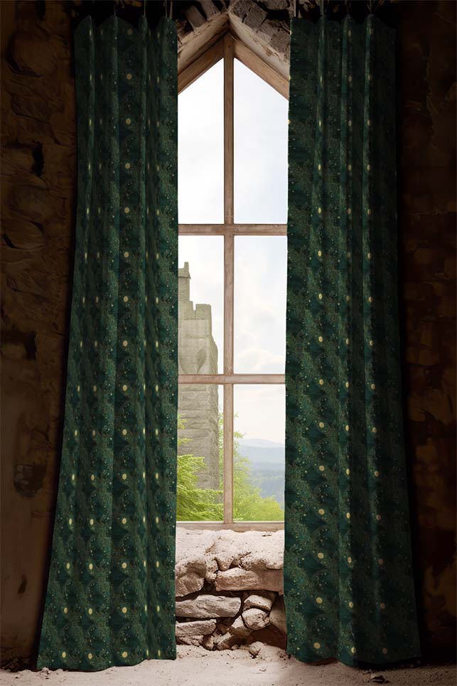 Dark Academia Decorations featuring Green and Gold Curtains with Celestial Moons and Stars in a Gothic Ancient Castle