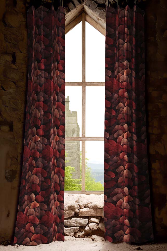 Dark Academia Curtains Red Gothic Ginkgo Leaf inside Medieval Gothic Castle with Arched Window
