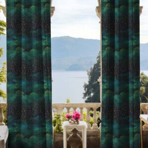 Star patterned curtains hanging in arched window in front of beautiful lake view