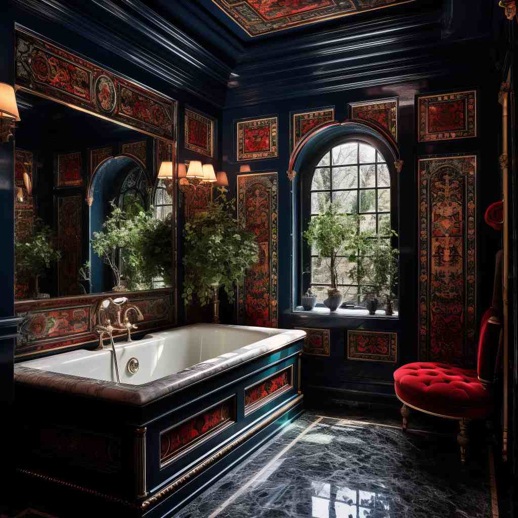Dark Academia Bathroom Maximalist Master Bedroom Bath Interior Design with Red Tile and Antique Bathtub