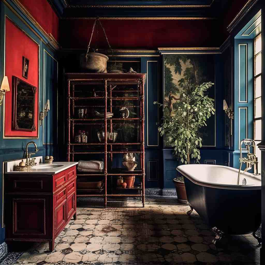 Dark Academia Bathroom Decor with Navy Blue Walls and Red cabinets