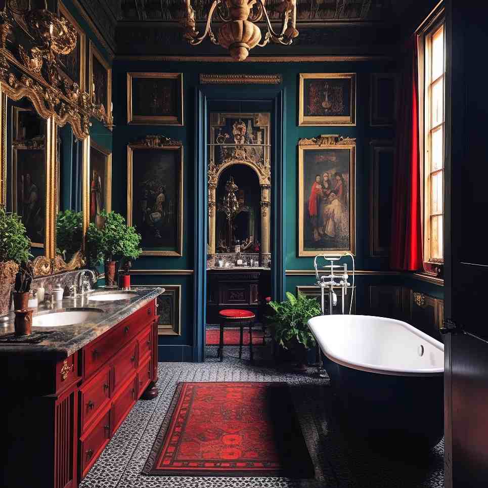 Maximalist Decor Harry Potter Style Bathroom with Dark Academia Aesthetic Wall Art, Red Vanity, and red tub