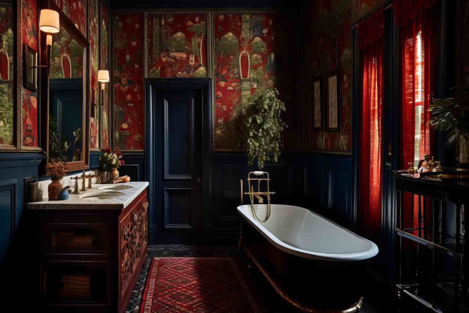 Dark Academia Interior Design of a Red Maximalist Bathroom with Vintage Tub and Ornate sink decor