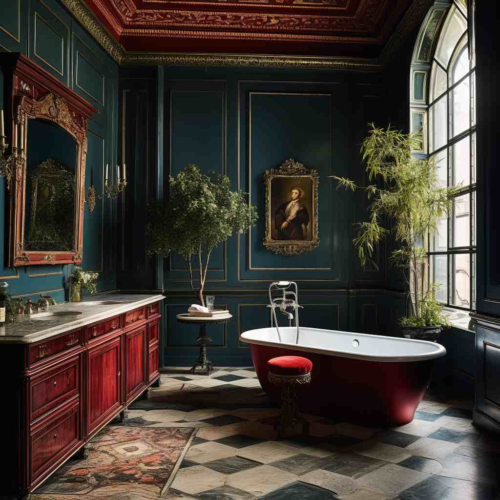 Maximalist Dark Academia Luxury Bathroom with Green Walls, Red Vanity, tub and vintage art