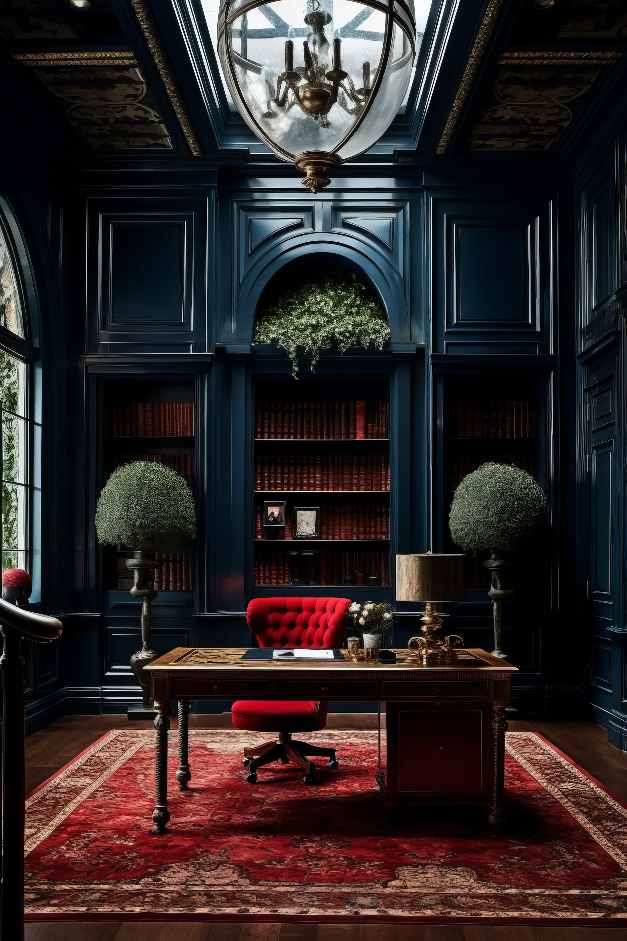 Modern Manor House Dark Academia Office with Blue Wall Paneling Chair Rail Molding, Red Office Chair and Vintage Tags as well as plants and a red Turkish rug