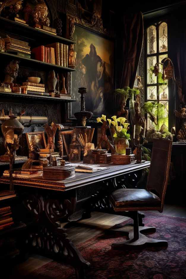 Dark Academia Aesthetic Desk Decor inside a gothic library with windows to nature