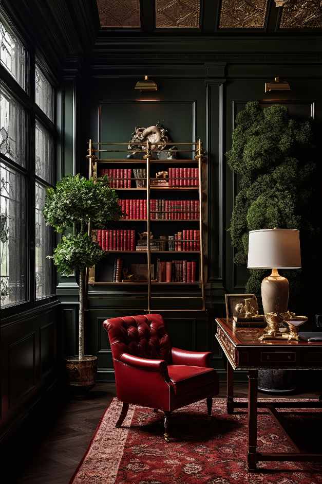 Modern Manor House Office with Dark Academia Bookshelves, Old Money Aesthetic Desk, and red leather computer chair