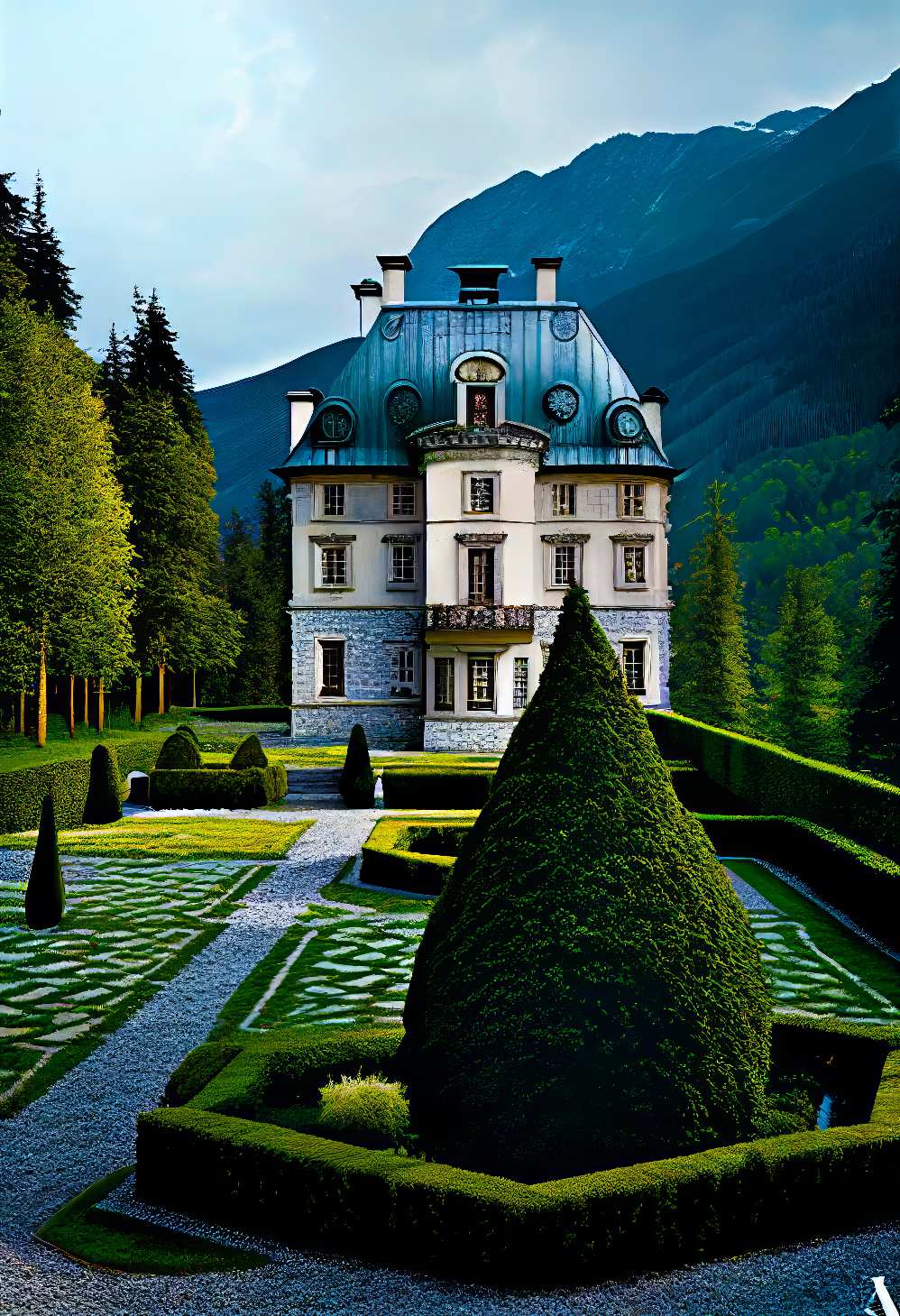 Modern Manor House in the Mountains with Topiary Gardens