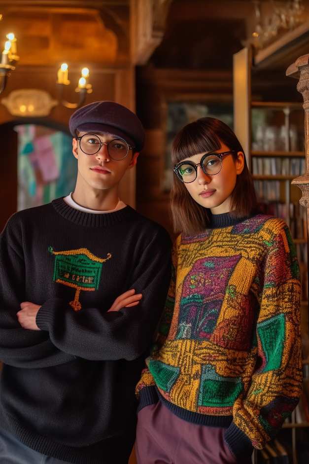 Dark Academia Clothes on a Male Fashion Model wearing a sweater with black pants and a female fashion model wearing a yellow gothic pattern sweater with purple pants. The pair stands in an old Dark Academia library with art in the background.
