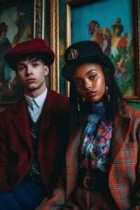 Dark Academia Aesthetic Outfits on a white male model and a black female model. The male model wears a vintage velvet red blazer over a sweater vest and a white shirt with a red paperboy hat. The female wears a black hat, a floral high neck silk shirt and a red with gray plaid blazer. They stand together with wall art in the background.