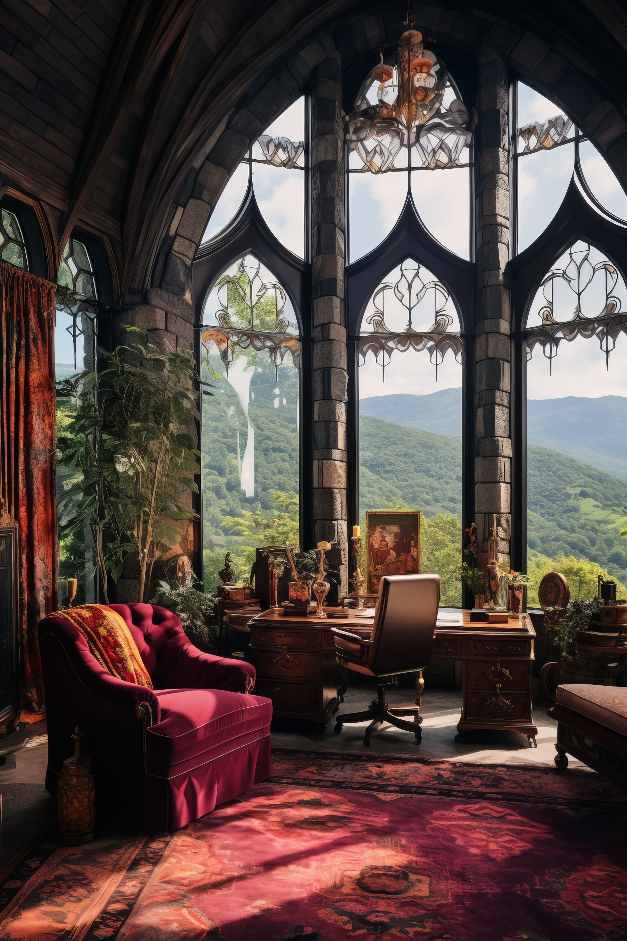 Dark Academia Castle House Interior with Gothic Windows and royal Red office decor