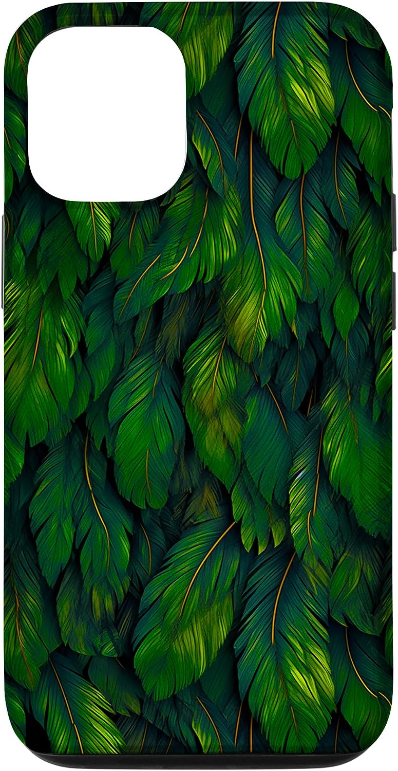 Dark Academia Aesthetic Phone Case for iPhone with Green Feather Leaf Art Motif