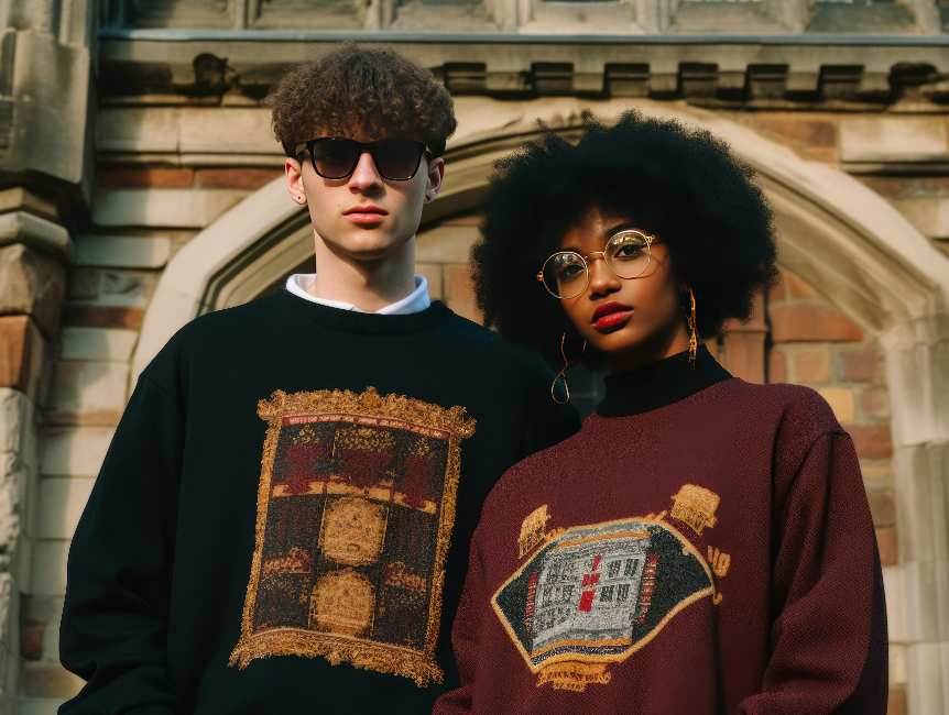 Preppy Dark Academia Outfits with a male model and a female model wearing glasses and Gothic Medieval Style Wool Sweaters with an old Building in the background