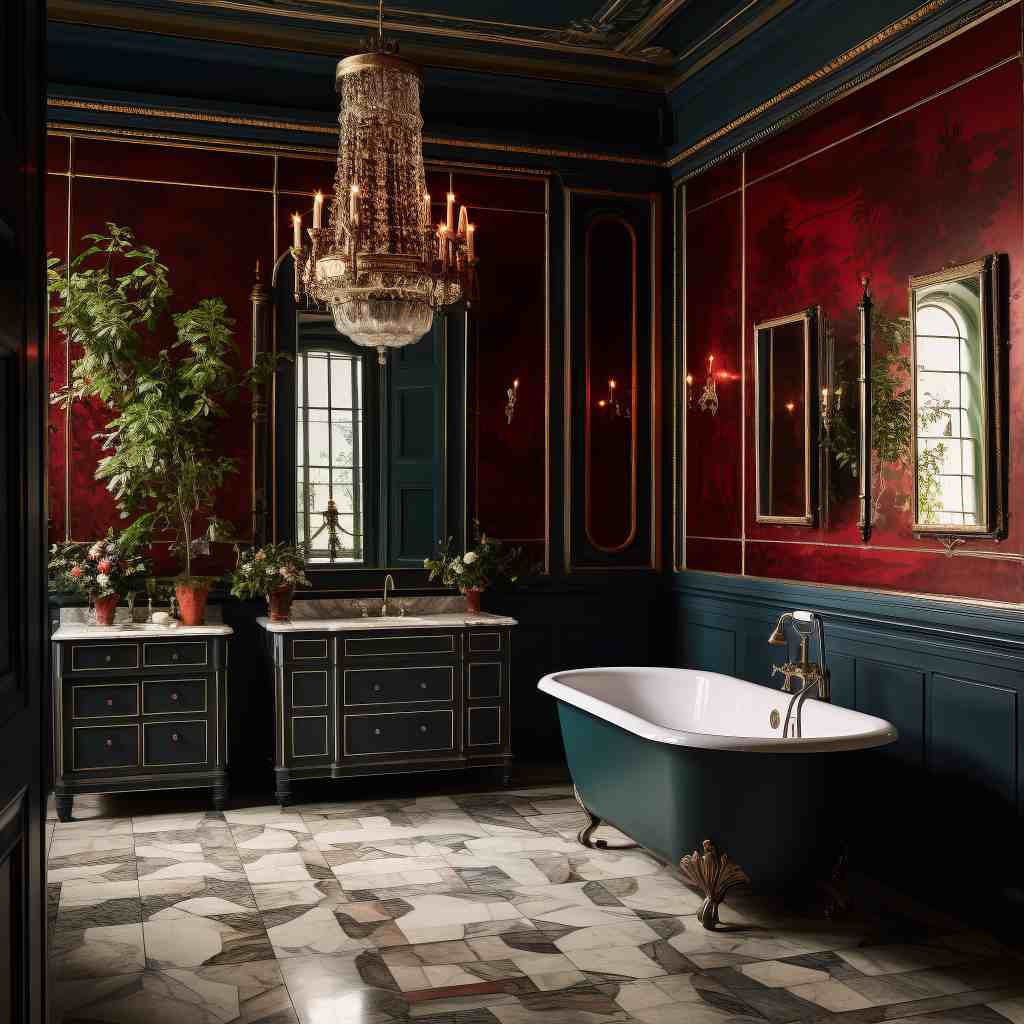 Green Dark Academia Bathroom Interior Design with Red Walls