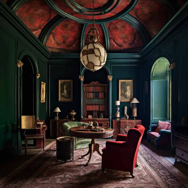 Manor House Dark Academia Study Room Home Interior Design with Red and Green Office Decor