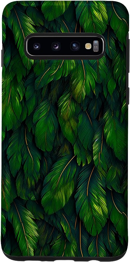 Green Dark Academia Phone Cases for Galaxy Phones with Falling Feathered Leaves Pattern Art