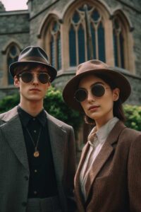 Mens Dark Academia Fashion model wearing a black button down shirt, gray blazer, sunglasses, and hat with gold necklace stands next to a Womens Dark Academia Fashion model wearing a brown wool hat, sunglasses, a brown blazer, a tie and white shirt. The pair stand in front of an old Gothic architecture building in the fall.