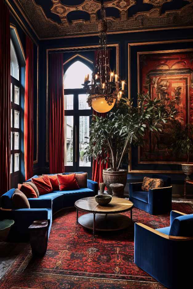 Blue Dark Academia Living Room Furniture, Red Curtains and Antique rug in an Italian castle