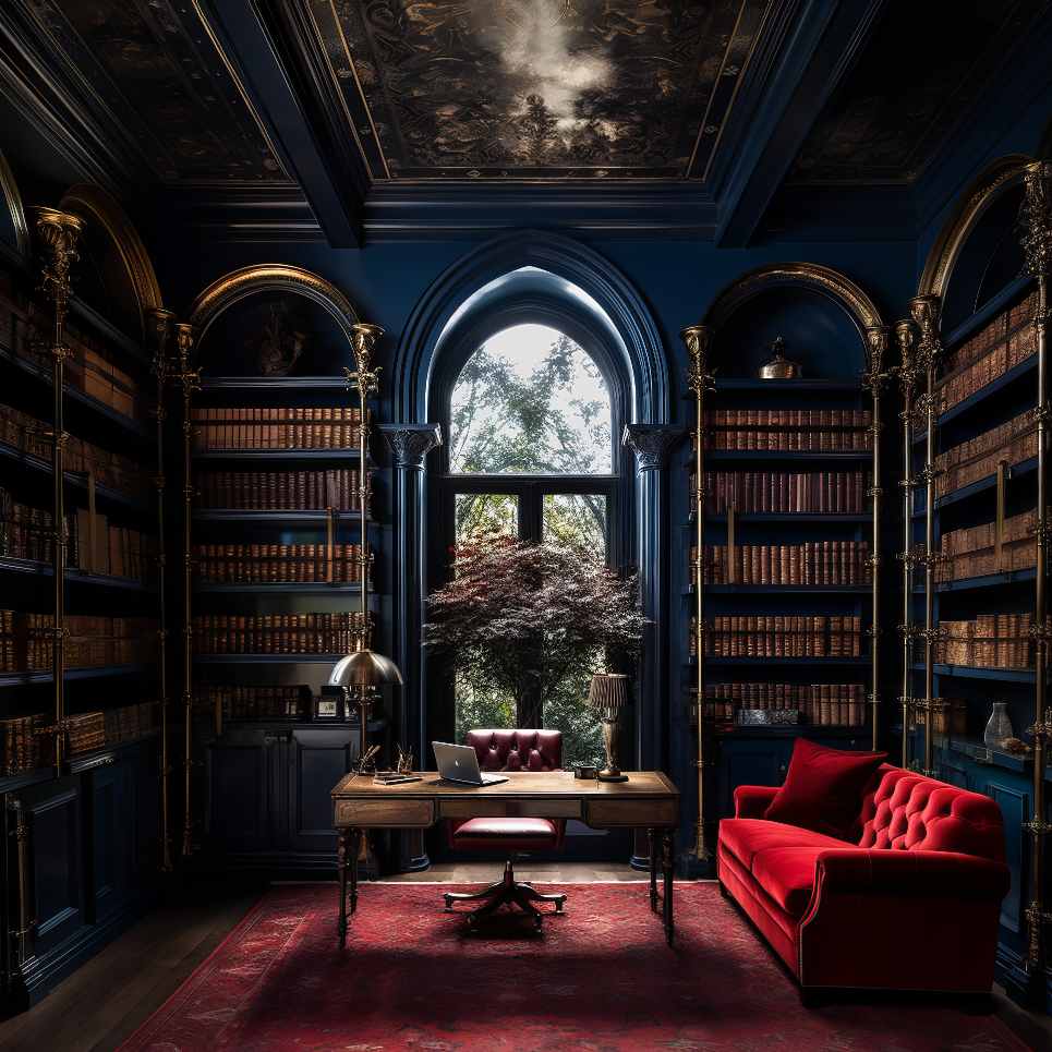 Dark Academia Room Aesthetic Color Palette Navy Blue Acadamia Office Decor Desk Design with Red Couch and Library Bookshelves