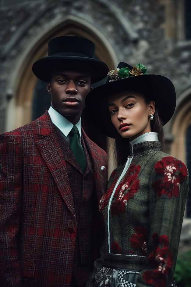 Mens Dark Academia Fashion Blazer and Womens Dark Academia Style Dress with Hats in front of Gothic Mansion