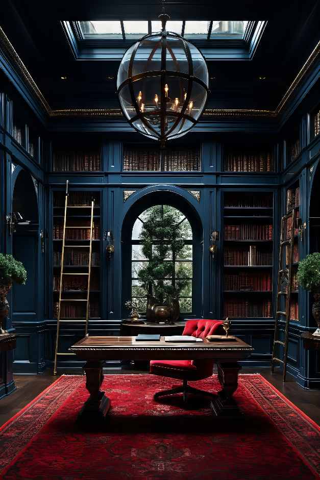 Dark Academia Office with Blue Wall Paneling, Wood Dark Academia Desk, red rug and red computer chair