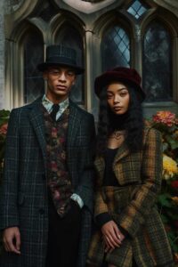 Dark Academia Aesthetic Womens and Mens Fashion Models Wearing Tweed and Hats in front of a Gothic Architecture Building in the fall