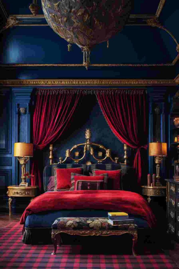 Dark Academia Bedroom Ideas Modern Blue Red Color Palette with Gothic Lamps, Checkered Rug and Curtains