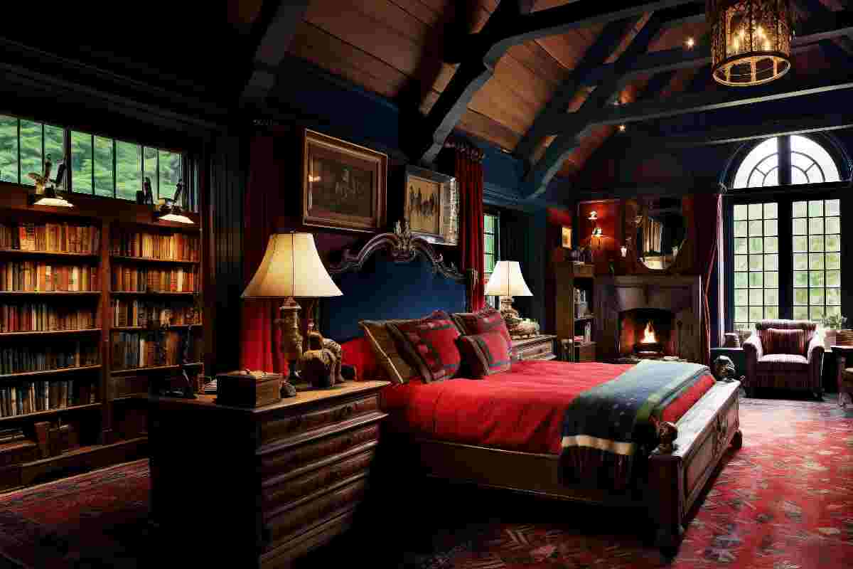 Red Dark Academia Bedroom with Blue Bed, Red Duvet Cover, Red rug, Antique Furniture, and vintage bookshelves